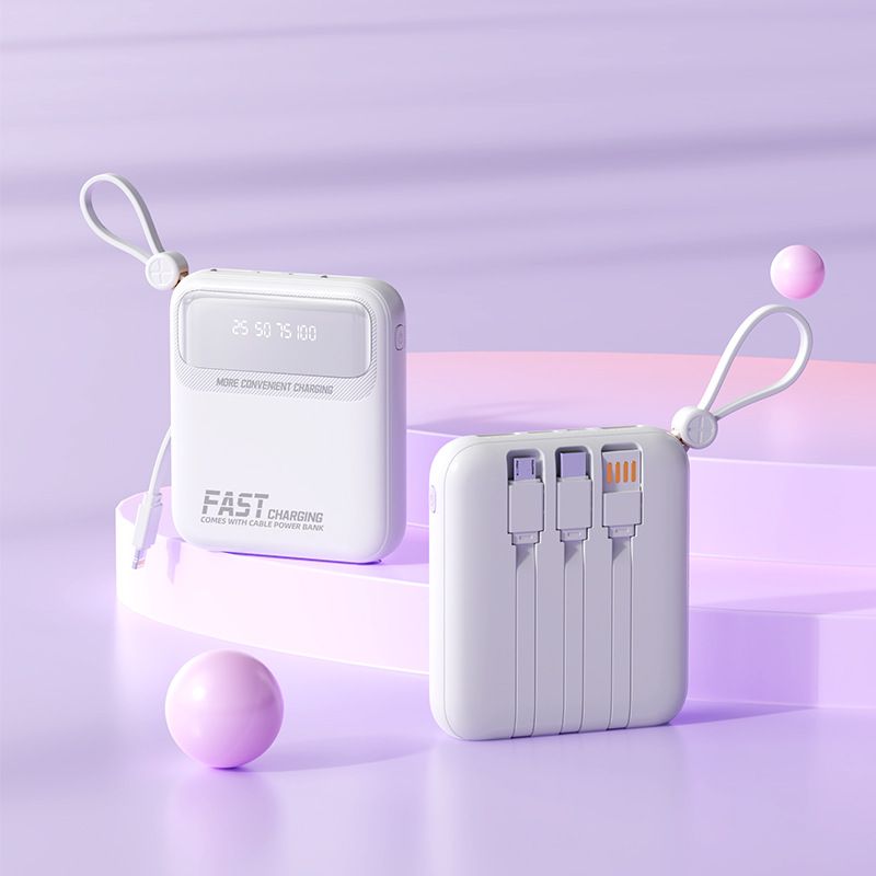 Power Bank portatile da 20000 mAh con cavi integrati, ricarica compatta e veloce, display LED, protezione multipla per dispositivi iPhone e Android._voghion.com