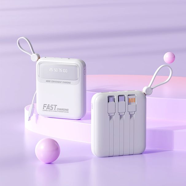 Power Bank portatile da 20000 mAh con cavi integrati, ricarica compatta e veloce, display LED, protezione multipla per dispositivi iPhone e Android._voghion.com