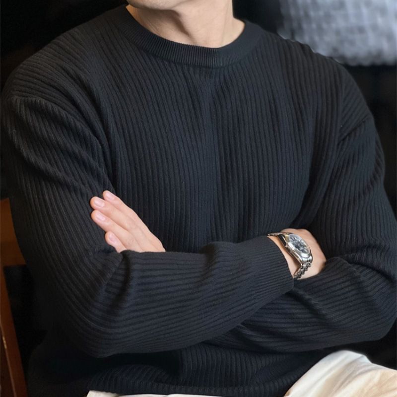 Maglione lavorato a maglia a righe verticali da uomo - Pullover casual a maniche lunghe con scollo rotondo per autunno e inverno_voghion.com