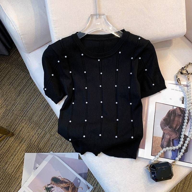 Women's Clothing Real Shot Of New Summer Design Thin Slim Round Neck T Shirt Short Sleeve Ice Silk Knitted_voghion.com