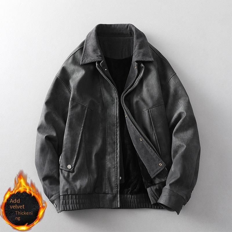 Men's Vintage PU Leather Bomber Jacket – American Retro Faux Two-Piece Fleece-Lined Coat With Zip Front & Side Pockets_voghion.com