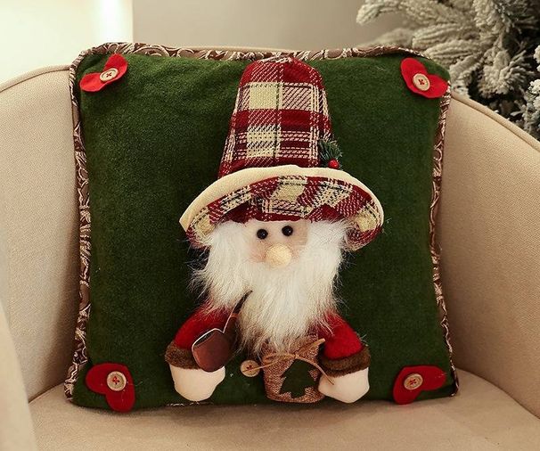 Capas de Almofada Decorativas de Natal - Capas de Almofada de Sofá em Tecido de Linho Felpudo com Papai Noel, Boneco de Neve e Rena para Decoração de Natal_voghion.com