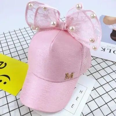 Carino Mesh Primavera Estate Bambini Berretto da baseball Ragazze Snapback Berretti Hip Hop Orecchio di coniglio Perla Grande fiocco Cappello da sole per bambini_voghion.com