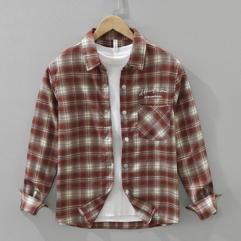 Camicia a maniche lunghe a quadri retrò da uomo, alla moda e versatile, top casual e ampio._voghion.com