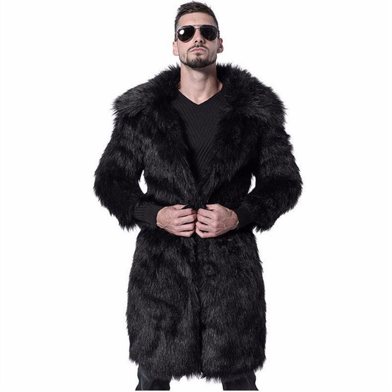 ​​Men's Premium Faux Fur Overcoat - Long Plush Winter Coat With Suit Collar, Thick Warm Windbreaker In Black/Leopard/Fox Print_voghion.com