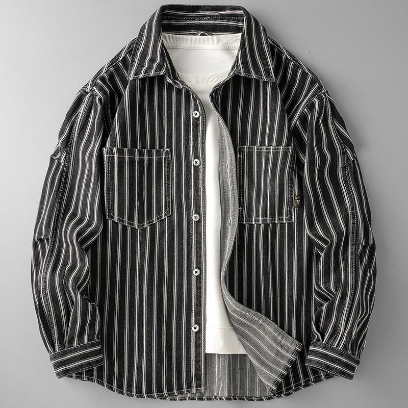 Chemise en jean délavée à rayures pour homme, style décontracté, ample, manches longues, tendance, printemps et automne_voghion.com
