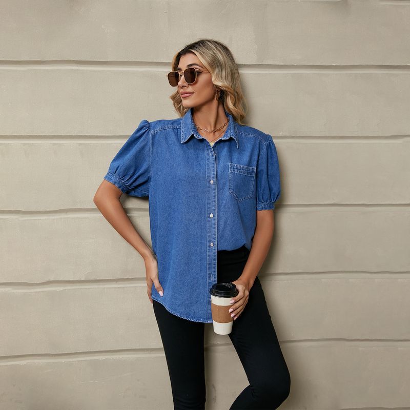 Women's versatile princess sleeve lapel collar thin denim shirt casual top_voghion.com