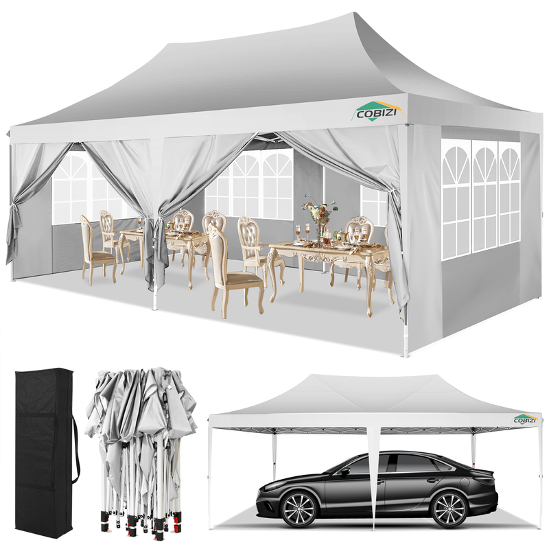 COBIZI - Carpa plegable de 3 x 6 m, impermeable, para eventos al aire libre, con 6 paredes laterales, protección UV, para camping, bodas, uso comercial, portátil, color blanco_voghion.com