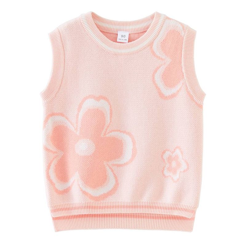 Floral Knit Vest For Girls – 100% Cotton Sleeveless Cardigan (80cm-140cm, A-Class Safety, Soft Layering Piece For Spring & Fall)_voghion.com