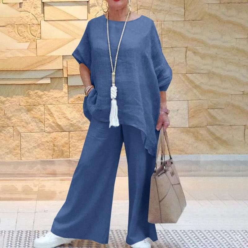 Abbigliamento da donna Nuovo abito da donna in cotone e lino alla moda casual di grandi dimensioni asimmetrico a maniche lunghe, pantaloni a gamba larga, abito in due pezzi_voghion.com
