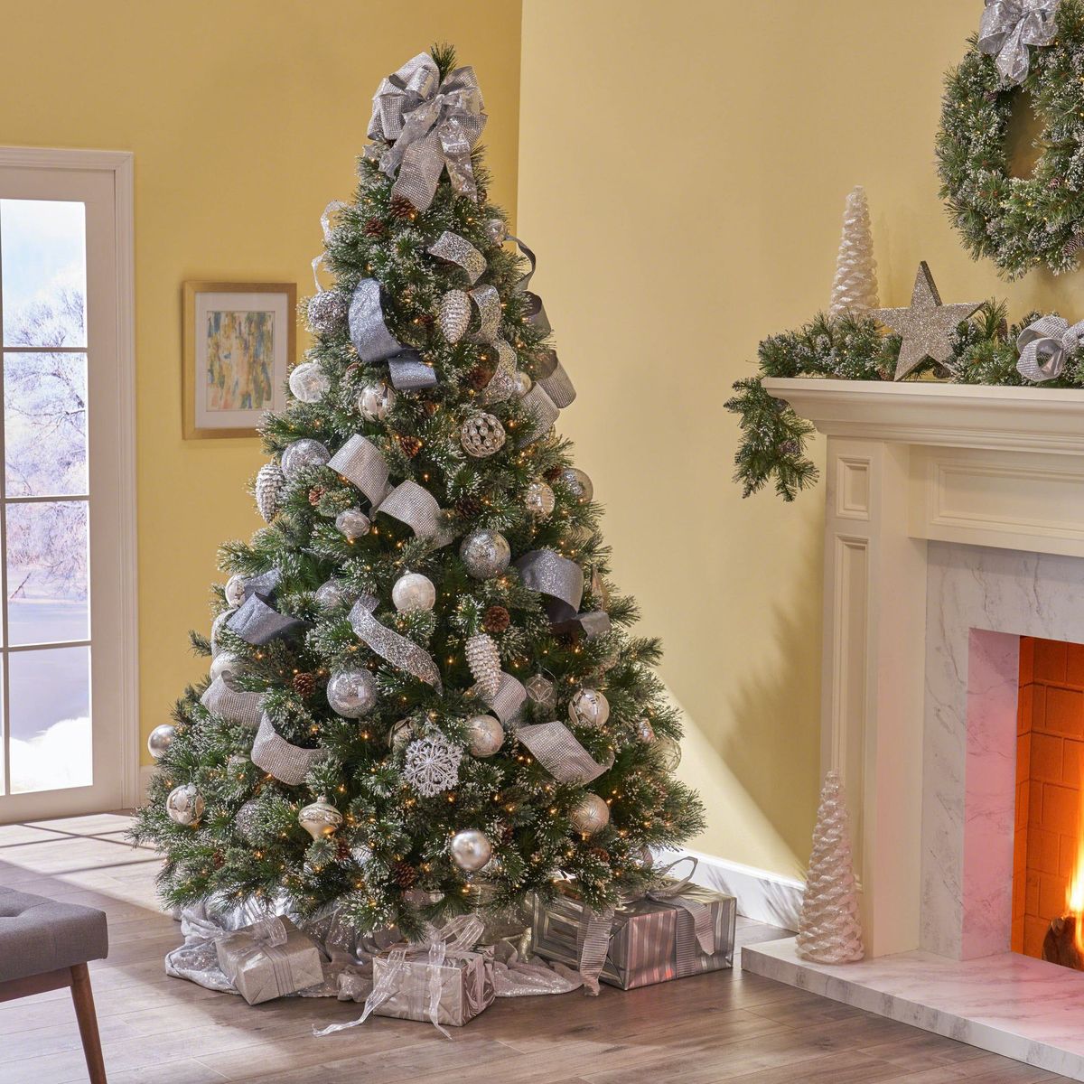9' Cashmere And Snow Bristle Mixed Tree With 105 Pine Cones And 1200Clear Lights-UL,2317tips,Dia:69_voghion.com