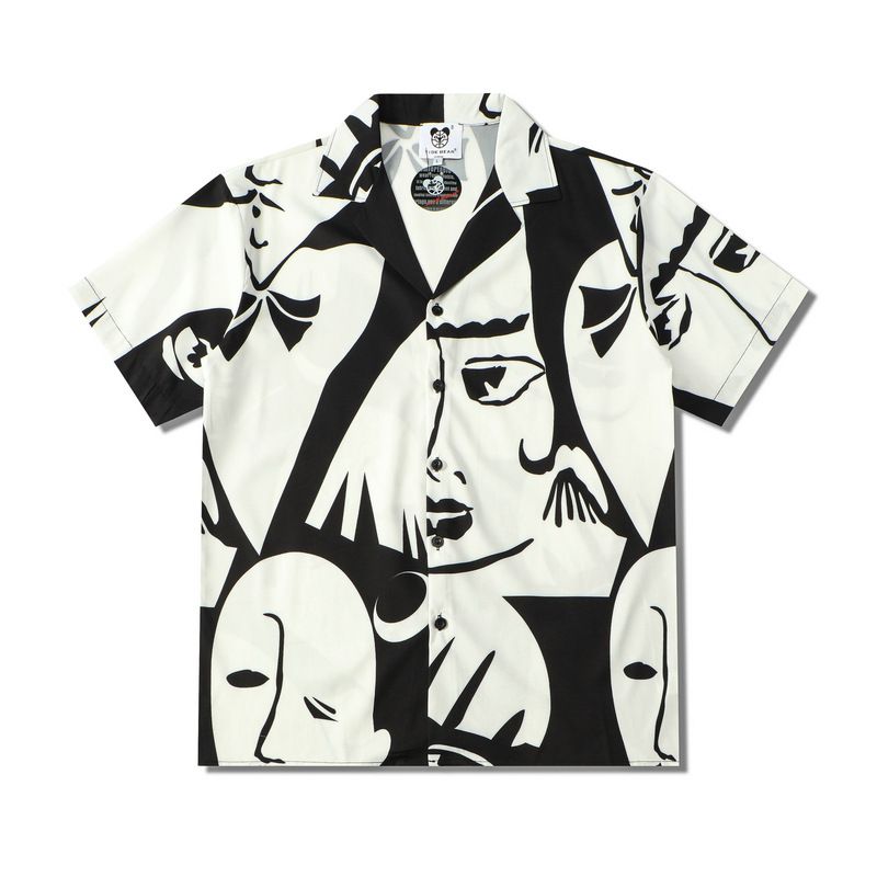 Men's Clothing Street Youth Trendy Mask Digital Printing Loose Lapel Short Sleeved Shirt_voghion.com