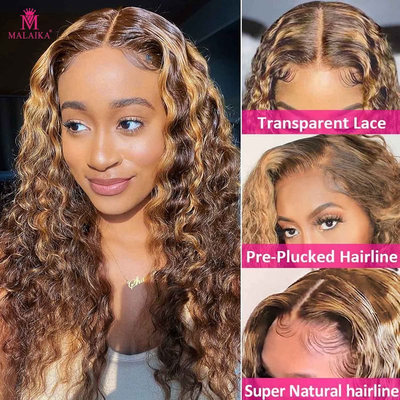 180% Highlight 13x4 Curly Human Hair 4/27# Lace Frontal Wig Brazilian Remy Honey Blonde Deep Wave T Part Front Wig For Women_voghion.com