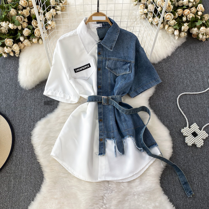 Women's Clothing Contrast color lapel waist slimming A-line single-breasted shirt denim dress women's medium-length irregular T-shirt skirt_voghion.com