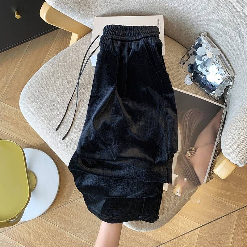 Women's Clothing Black velvet wide leg pants narrow version high waist loose slim casual mopping straight lazy drape pants_voghion.com