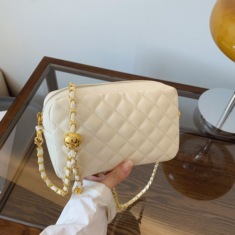 Elegante borsa a tracolla trapuntata con tracolla a catena - Mini borsa a tracolla da donna, borsa alla moda con manico superiore in nero e beige_voghion.com