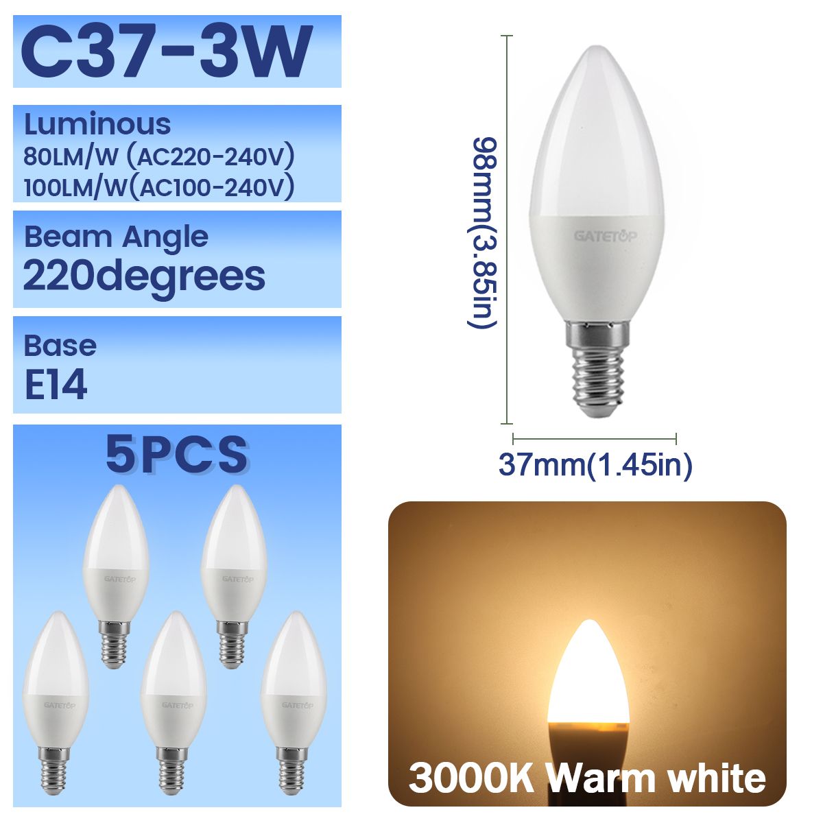 5er-Pack G45 C37 E14 3W LED-Glühbirne AC 220V 110V Minilampe flackerfrei 3000K 4000K 6000K Kaltlicht für Foyer, Zuhause, Derec_voghion.com