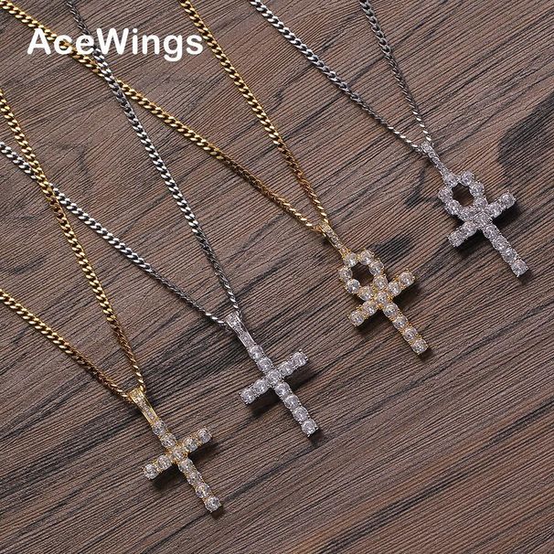 Collana con ciondolo a forma di croce bianca Ankh, simbolo della vita, in rame intarsiato con zirconi._voghion.com