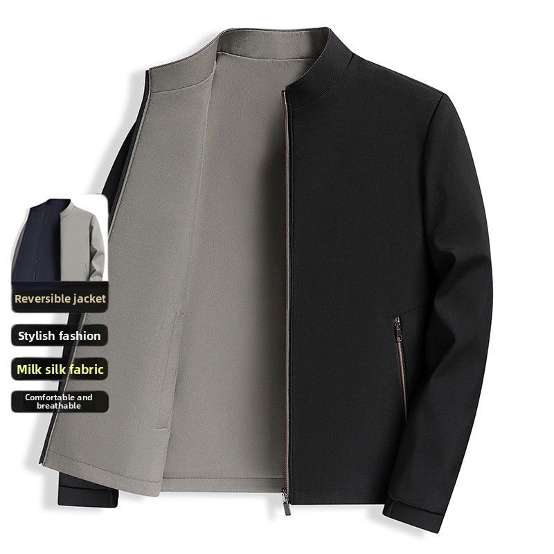 2025 Men's Reversible Stand Collar Jacket Coat New Middle-aged Dad's Spring Autumn Top_voghion.com