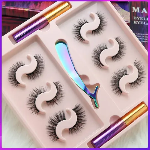 Sex par blandade självhäftande magnetiska Liquid Eyeliner lösögonfransset magnetmagnet naturligt ögonfranskors_voghion.com