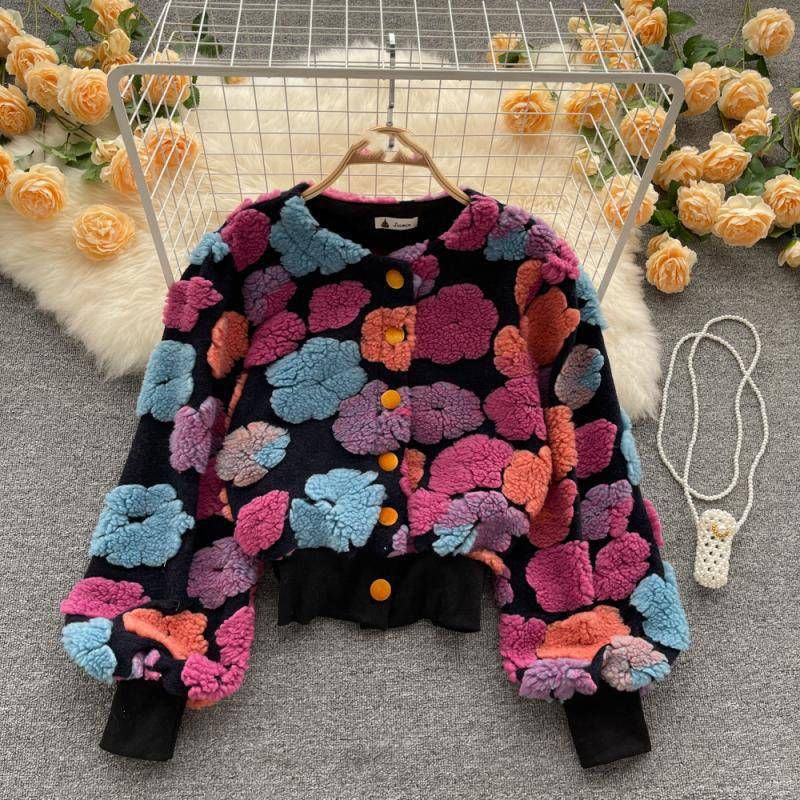 Dameskleding retro driedimensionale bloem temperament slanke enkelrijs vest korte jas_voghion.com
