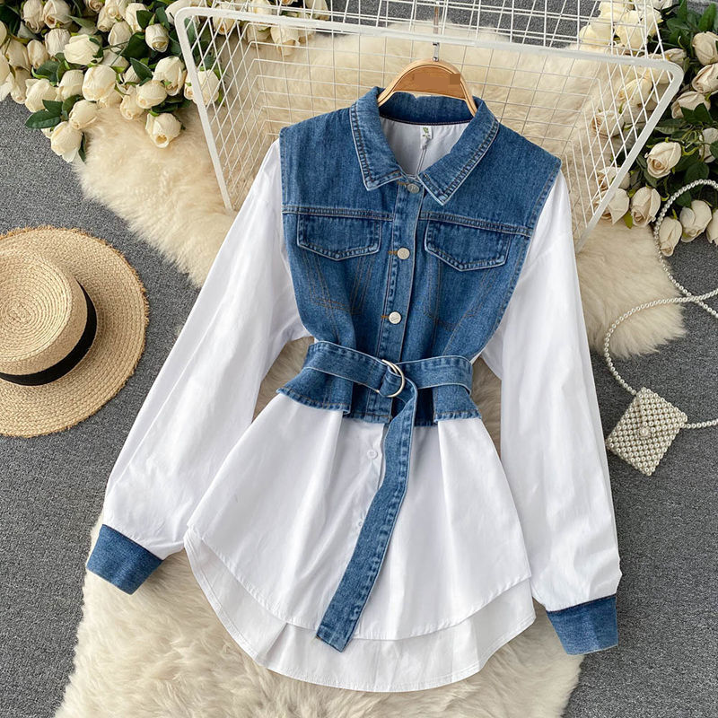 Zweiteiliges Langarm-Jeanshemd mit Polokragen für Damen mit mittellanger Taille und schickem Oberteil_voghion.com