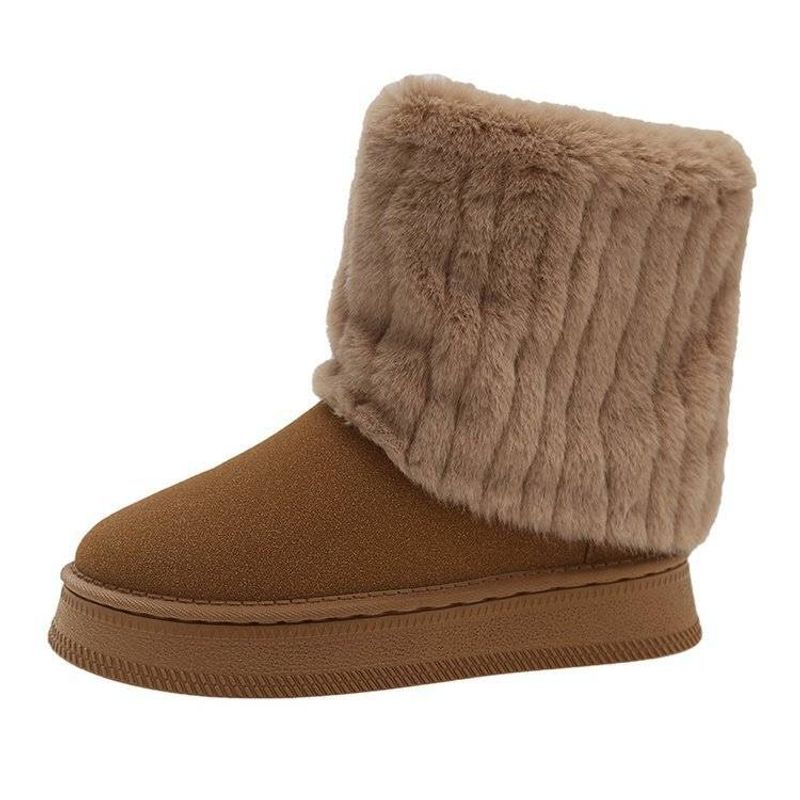 2024 Autumn/Winter Women's Fashion Casual Hairy Short Tube Thick Bottom Solid Color with Velvet Warm Sleeve Snow Boots_voghion.com