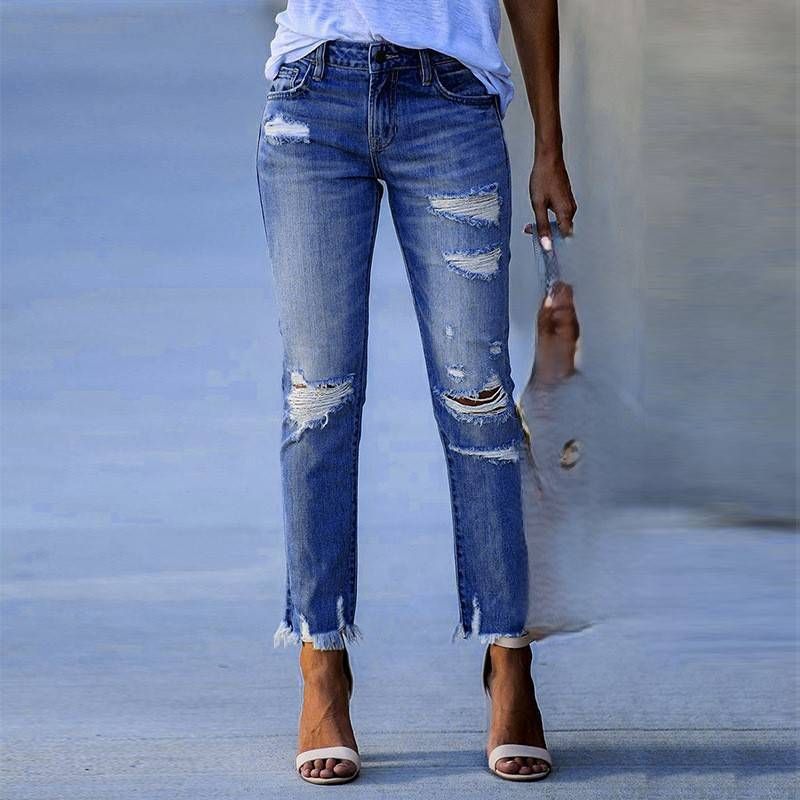 Women's Clothing New Style Washed Ripped Tassel Ladies Jeans Slim Stretch Pants_voghion.com