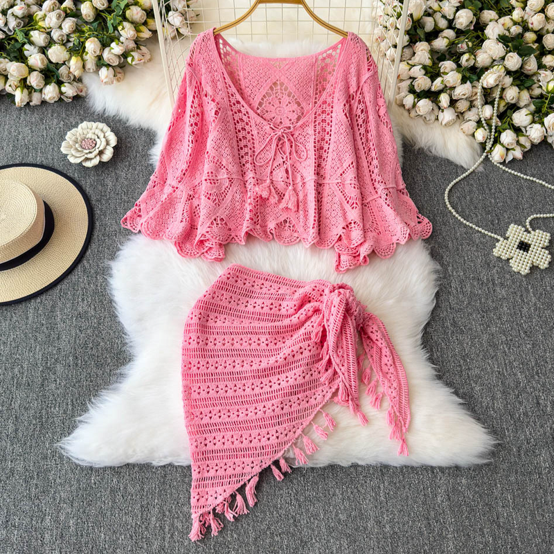 Women's Clothing Retro V Neck Hook Flower Hollow Knit Sweater Women's Summer Large Size Cardigan Top Two Piece Set Irregular Short Skirt_voghion.com