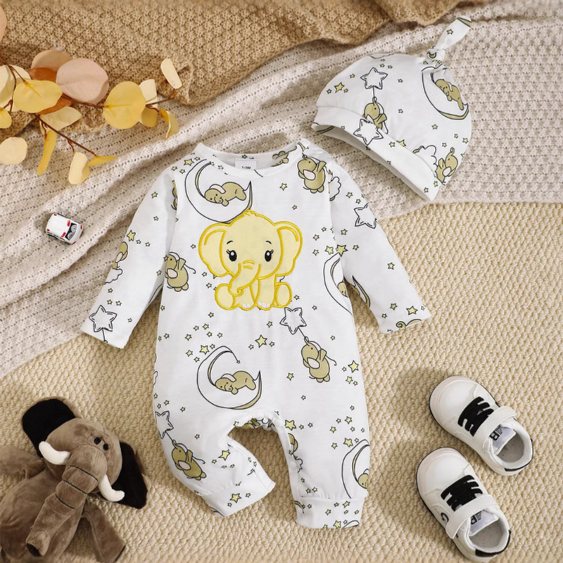 Mother & Kids Long Sleeved Embroidered Elephant Long Legged Jumpsuit_voghion.com