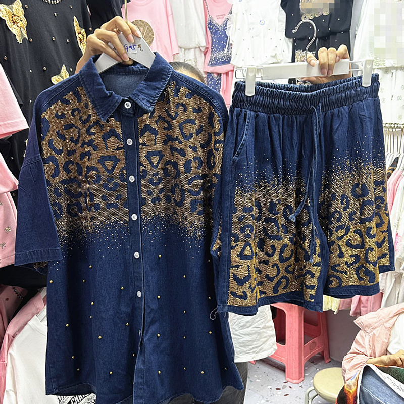 Women's Clothing Denim Suit European Station Heavy Hot Diamond Denim Shirt Top + Elastic Waist Denim Shorts Two Piece Suit Women's Summer_voghion.com