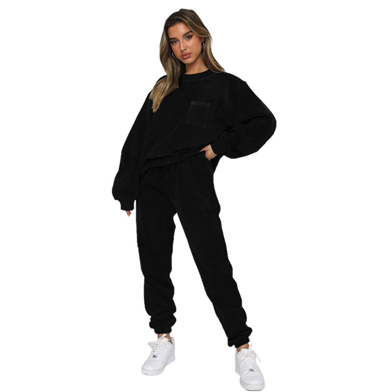 Pull à col rond en velours côtelé pour femmes, couleur unie, manches longues, tailleur-pantalon élégant deux pièces_voghion.com