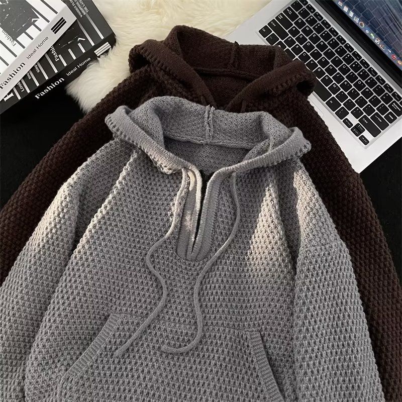 Herren-Strickpullover mit halbem Reißverschluss – Oversize-Kapuzenpullover für den Winter (M-2XL, Braun/Grau)_voghion.com