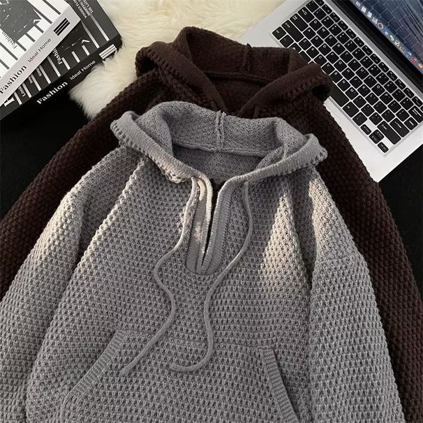 Herren-Strickpullover mit halbem Reißverschluss – Oversize-Kapuzenpullover für den Winter (M-2XL, Braun/Grau)_voghion.com