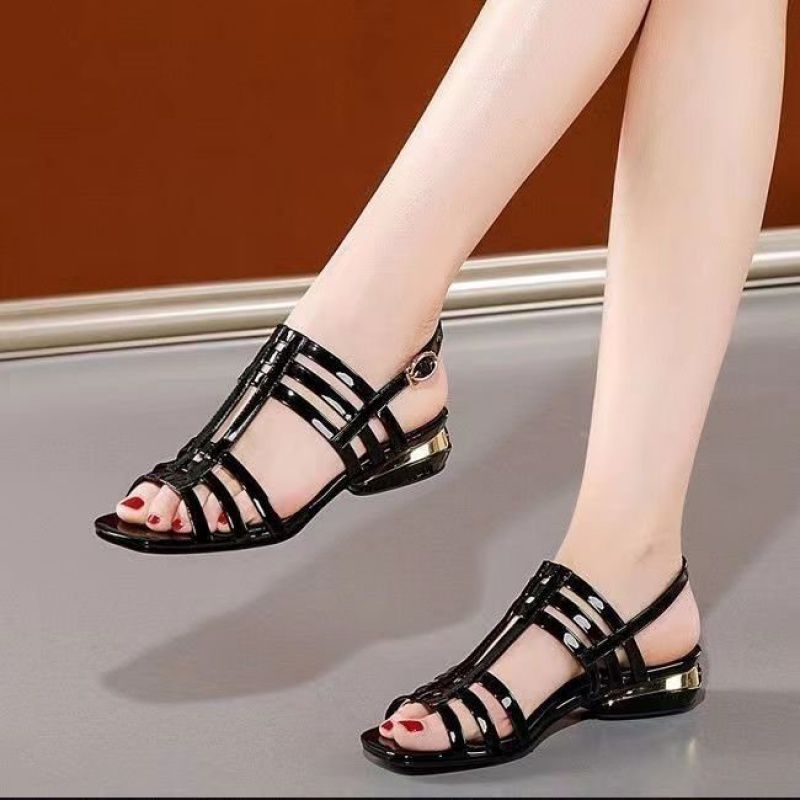 Sandalias de tacón medio y grueso de PU, de goma, planas, de tacón bajo, medio y alto, para mujer, zapatos individuales de cuero, informales para mujer._voghion.com