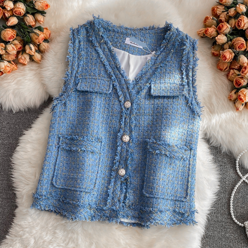 Women's Clothing V Neck Single Breasted Tweed Vest Jacket_voghion.com