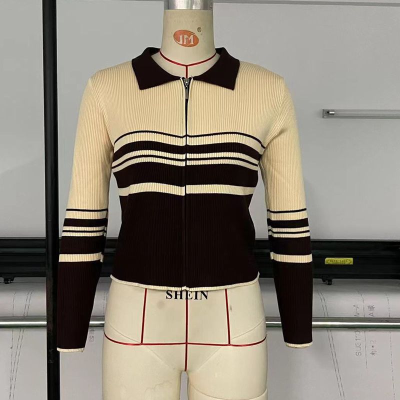 Women's vintage striped patchwork lapel long sleeve zip-up cardigan sweater jacket_voghion.com