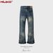 men's and women's washed distressed trousers, same style for men and women, micro-flared wide-leg laser texture design blue jeans_voghion.com