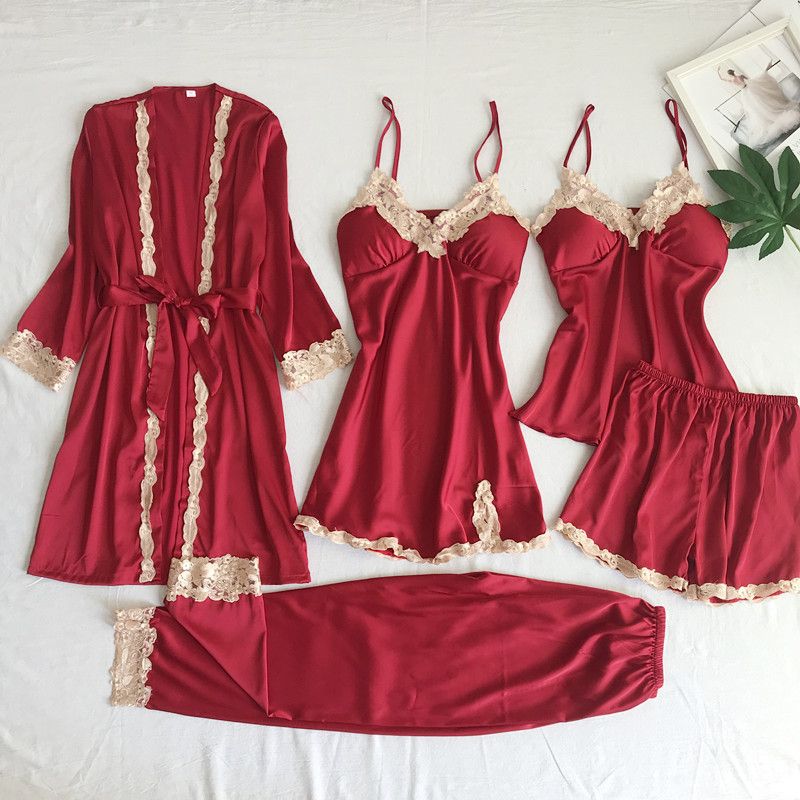 Nachtwäsche für Damen, Seidenpyjama, fünfteiliges sexy Dessous-Set, sexy Damen-Homewear mit Hosenträgern, Schlafkleidung_voghion.com