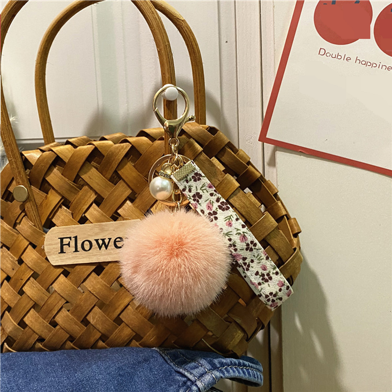 Taschenanhänger, kreativer Schlüsselanhänger mit Blumenband, süßer Plüsch-Taschenanhänger, kleine frische Perle, Auto-Schlüsselanhänger, Zubehör_voghion.com
