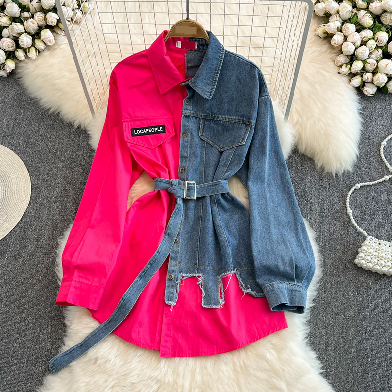 Women's Clothing Waist Cinched Color Blocked Denim Shirt With Belt For Women Spring New Chic Casual Mid Length Top_voghion.com