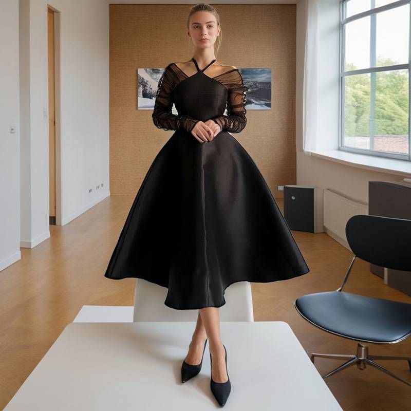 Vêtements pour femmes : jupe longue élégante, robe longue élégante à épaules dénudées avec empiècement en maille transparente et taille cintrée – coupe trapèze fluide pour femmes_voghion.com