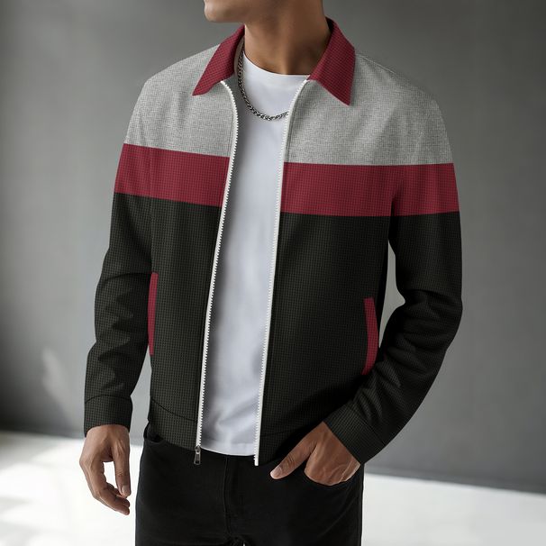 Herren-Waffelstrickjacke mit Reißverschluss – Freizeitmantel aus Polyester im Colorblock-Design (atmungsaktiv, knitterfrei, Design mit mehreren Taschen für den Stadtverkehr)_voghion.com