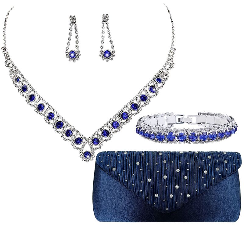 Brautschmuck-Set, vierteilig, Halskette mit blauem Zirkonia, Ohrringe, Armband, Clutch aus Satin mit Diamanten, Party-Abendtasche_voghion.com