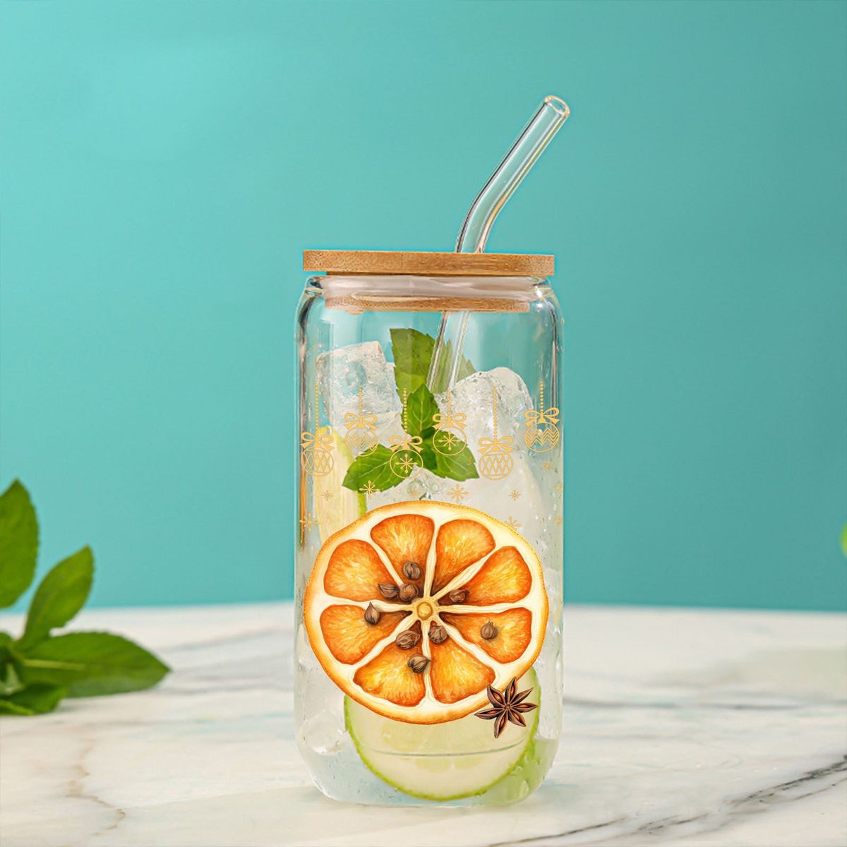 Vaso de vidrio de borosilicato de 473 ml con tapa de bambú y pajita: vaso moderno minimalista con estampado de dibujos animados (Navidad, San Valentín, promoción corporativa)_voghion.com