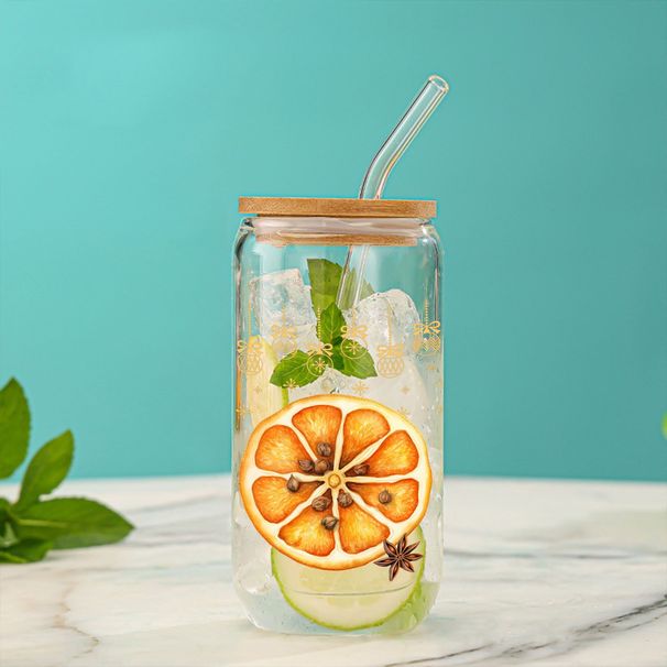 Vaso de vidrio de borosilicato de 473 ml con tapa de bambú y pajita: vaso moderno minimalista con estampado de dibujos animados (Navidad, San Valentín, promoción corporativa)_voghion.com