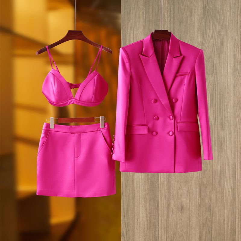 Veste de costume en satin brillant pour femmes, haut de gamme, style rétro français, design de niche, gilet, jupe courte, ensemble trois pièces, printemps et été_voghion.com