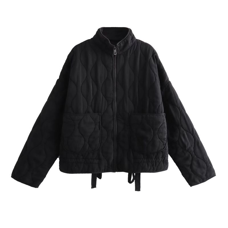 Giacca in cotone a quadri con colletto alto, tasche larghe, casual, da donna, per pendolari, autunno e inverno_voghion.com