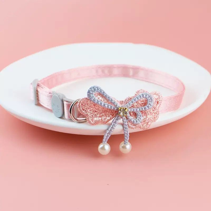 Collar Fresh Fairy Pink Lace Bow Pendant Cat Necklace Bell Pet Supplies_voghion.com