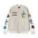 Men's Clothing Women's Embroidered Baseball Jacket - Rainbow Floral Design, Casual Loose Fit, Stand Collar, Long Sleeve, Unisex Autumn Outerwear_voghion.com